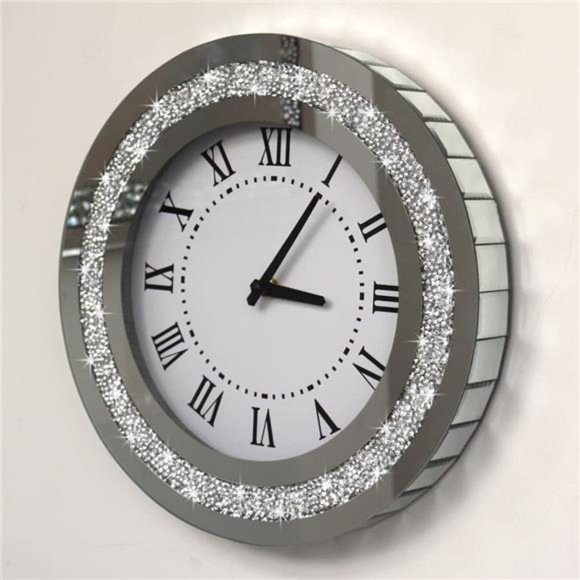 Silver Round Mirror Clock 12inch Crystal Sparkle Twinkle Bling Wall Clock - Picture 6 of 6